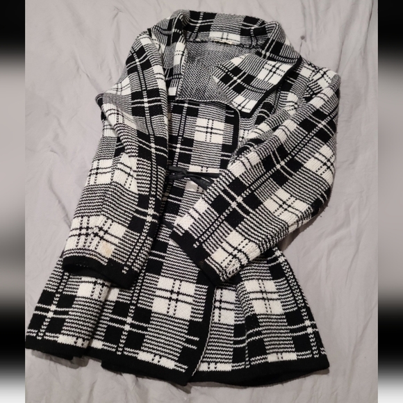 AVA COUTURE black and White oversized plaid chunky sweater jacket w/tie SZ XL - Picture 5 of 11